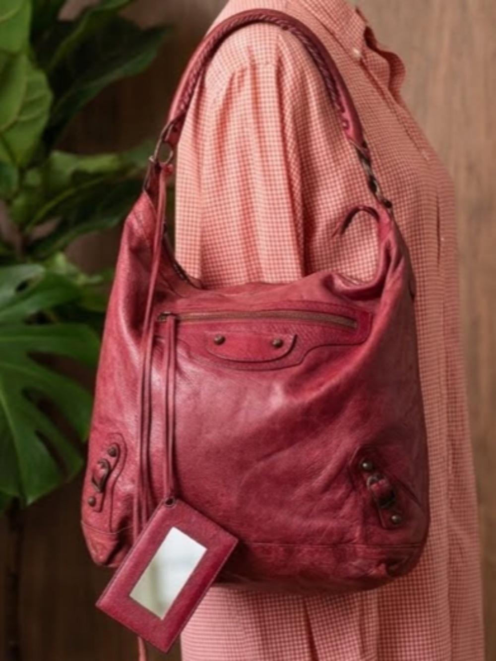 Balenciaga 06 Red Grenat Lambskin Leather Classic Day Hobo Handbag Purse Mirror